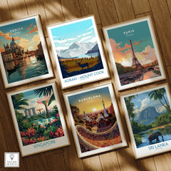 Set of six framed travel posters featuring Venice, Paris, Singapore, Barcelona, Aoraki-Mount Cook, and Sri Lanka, arranged on a wooden floor.
