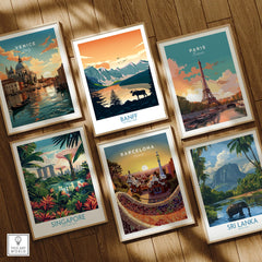 Six framed travel posters featuring Venice, Banff, Paris, Singapore, Barcelona, and Sri Lanka on a wooden floor.