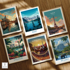 Set of six framed travel art prints featuring Venice, Banff, Paris, Singapore, Barcelona, and Sri Lanka displayed on a wooden floor.