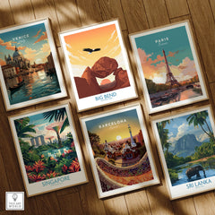 Set of six framed travel posters featuring Venice, Paris, Big Bend, Singapore, Barcelona, and Sri Lanka on a wooden floor.