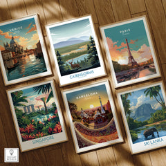 Set of six framed travel posters featuring Venice, Paris, Cairngorms, Singapore, Barcelona, Sri Lanka, displayed on a wooden floor.