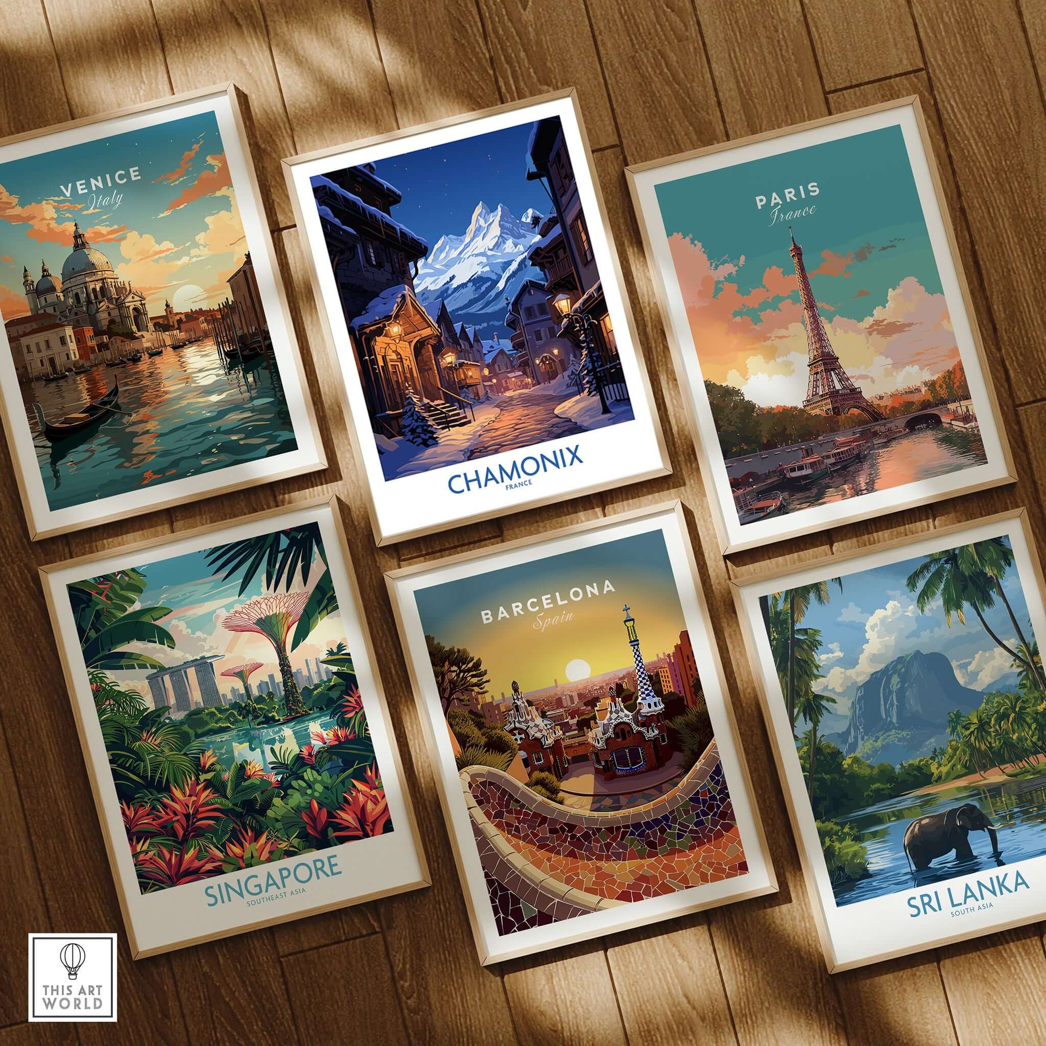Chamonix Print featuring a mountain scene among travel posters of Venice, Paris, Barcelona, Singapore, and Sri Lanka.
