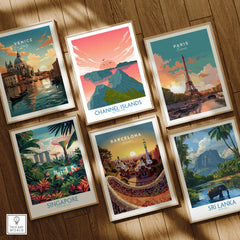 Set of six framed travel posters featuring Venice, Channel Islands, Paris, Singapore, Barcelona, and Sri Lanka, displayed on a wooden floor.