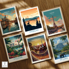 Set of six framed travel posters featuring Venice, Paris, Crater Lake, Singapore, Barcelona, Sri Lanka on wooden floor.