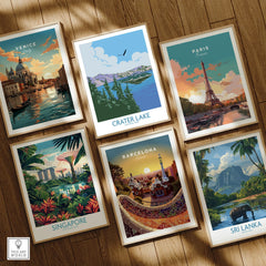 Set of six framed travel art prints featuring Venice, Crater Lake, Paris, Singapore, Barcelona, and Sri Lanka on wooden floor.