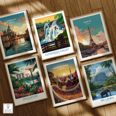Set of six framed travel posters featuring Venice, Cuyahoga Valley, Paris, Singapore, Barcelona, and Sri Lanka, displayed on a wooden floor.