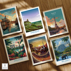 Set of six framed travel art prints featuring Venice, Paris, Dartmoor, Singapore, Barcelona, Sri Lanka on wooden floor.