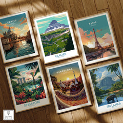 Set of six framed travel posters on wooden floor, featuring Venice, Glacier National Park, Paris, Singapore, Barcelona, and Sri Lanka wall art.