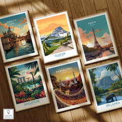 Set of six framed travel art prints featuring Venice, Glacier National Park, Paris, Singapore, Barcelona, and Sri Lanka on a wooden floor.