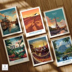 Set of six framed travel posters featuring Venice, Grand Canyon, Paris, Singapore, Barcelona, and Sri Lanka on a wooden floor.