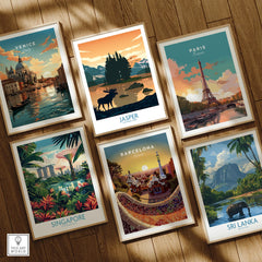 Set of six framed travel art prints with city and nature scenes on wooden floor