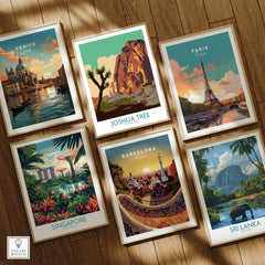 Set of six framed travel art prints featuring Venice, Joshua Tree, Paris, Singapore, Barcelona, and Sri Lanka, displayed on a wooden floor.