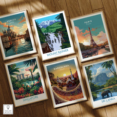 Set of six framed travel art prints featuring Venice, Paris, Singapore, Barcelona, Sri Lanka, and Mount Rainier, displayed on a wooden floor.