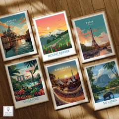 Set of six framed travel art prints featuring Venice, Mount Rainier, Paris, Singapore, Barcelona, and Sri Lanka, displayed on a wooden floor.