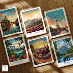 Set of six framed travel art prints featuring Venice, Paris, North York Moors, Singapore, Barcelona, and Sri Lanka on a wooden floor