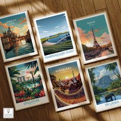 Set of six framed travel posters featuring Venice, Pembrokeshire Coast, Paris, Singapore, Barcelona, and Sri Lanka, arranged on a wooden floor.