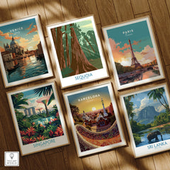 Set of six framed travel art prints featuring Venice, Sequoia National Park, Paris, Singapore, Barcelona, and Sri Lanka on a wooden floor.