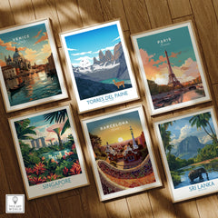 Set of six framed travel art prints featuring Venice, Torres del Paine, Paris, Singapore, Barcelona, and Sri Lanka on a wooden floor.
