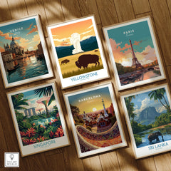 Set of six framed travel art prints featuring Venice, Yellowstone, Paris, Singapore, Barcelona, and Sri Lanka on a wooden floor.