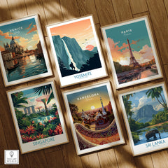 Set of six framed travel and city skyline art prints on wooden floor, featuring Venice, Yosemite, Paris, Singapore, Barcelona, and Sri Lanka.