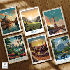 Set of six framed travel posters featuring Venice, Yosemite, Paris, Singapore, Barcelona, Sri Lanka on wooden floor.