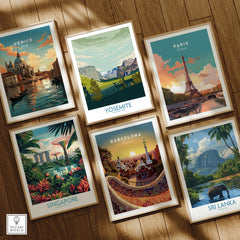 Set of six framed wall art prints with travel poster designs on a wooden floor