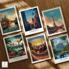 Marrakesh Morocco Canvas Print | Cityscape Poster showcasing vibrant travel destinations including Venice, Paris, Singapore, Barcelona, Sri Lanka.