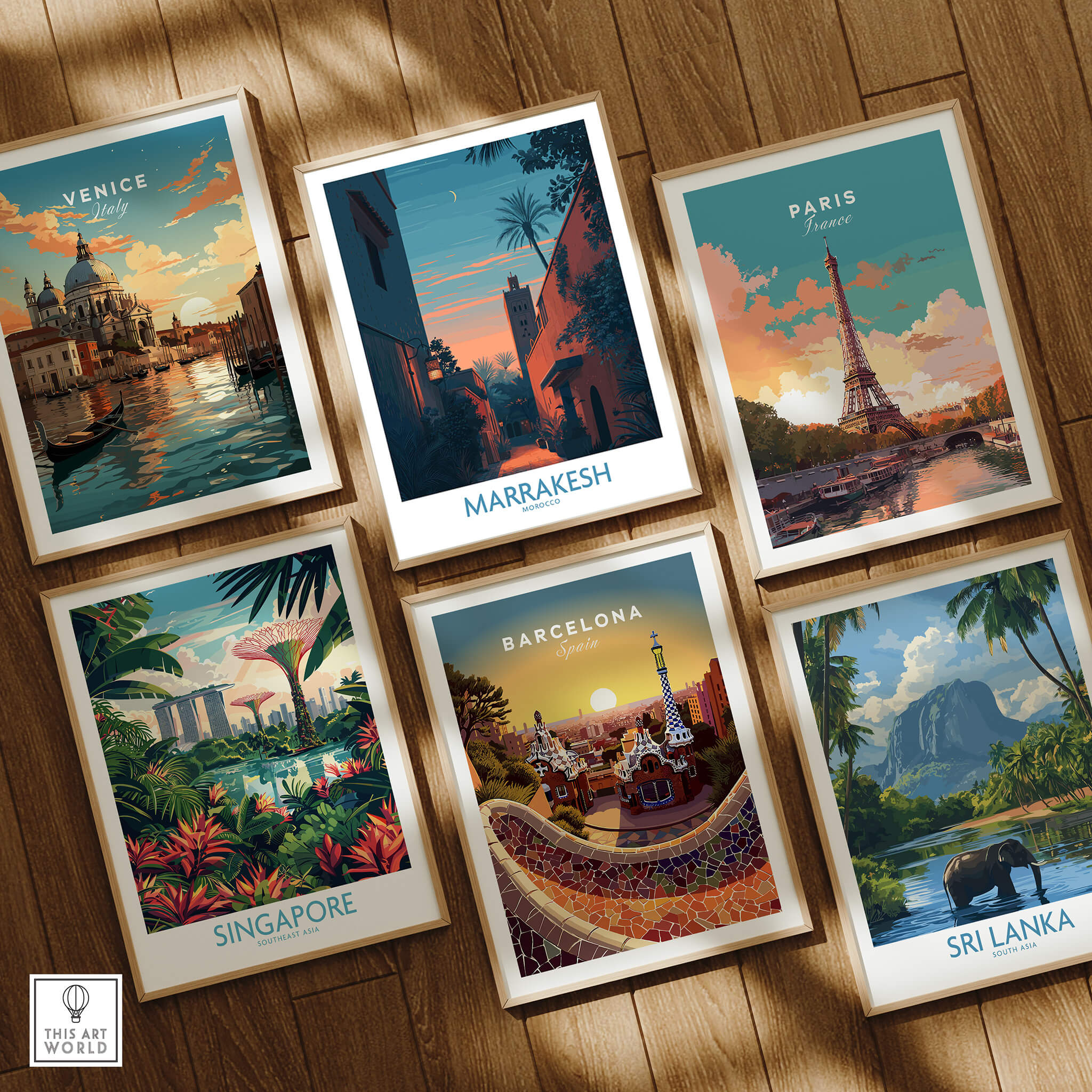 Marrakesh Morocco Canvas Print | Cityscape Poster showcasing vibrant travel destinations including Venice, Paris, Singapore, Barcelona, Sri Lanka.