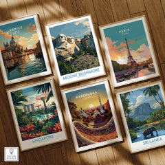 Mount Rushmore Poster | Black Hills National Memorial Canvas Print displayed among travel posters from various cities.