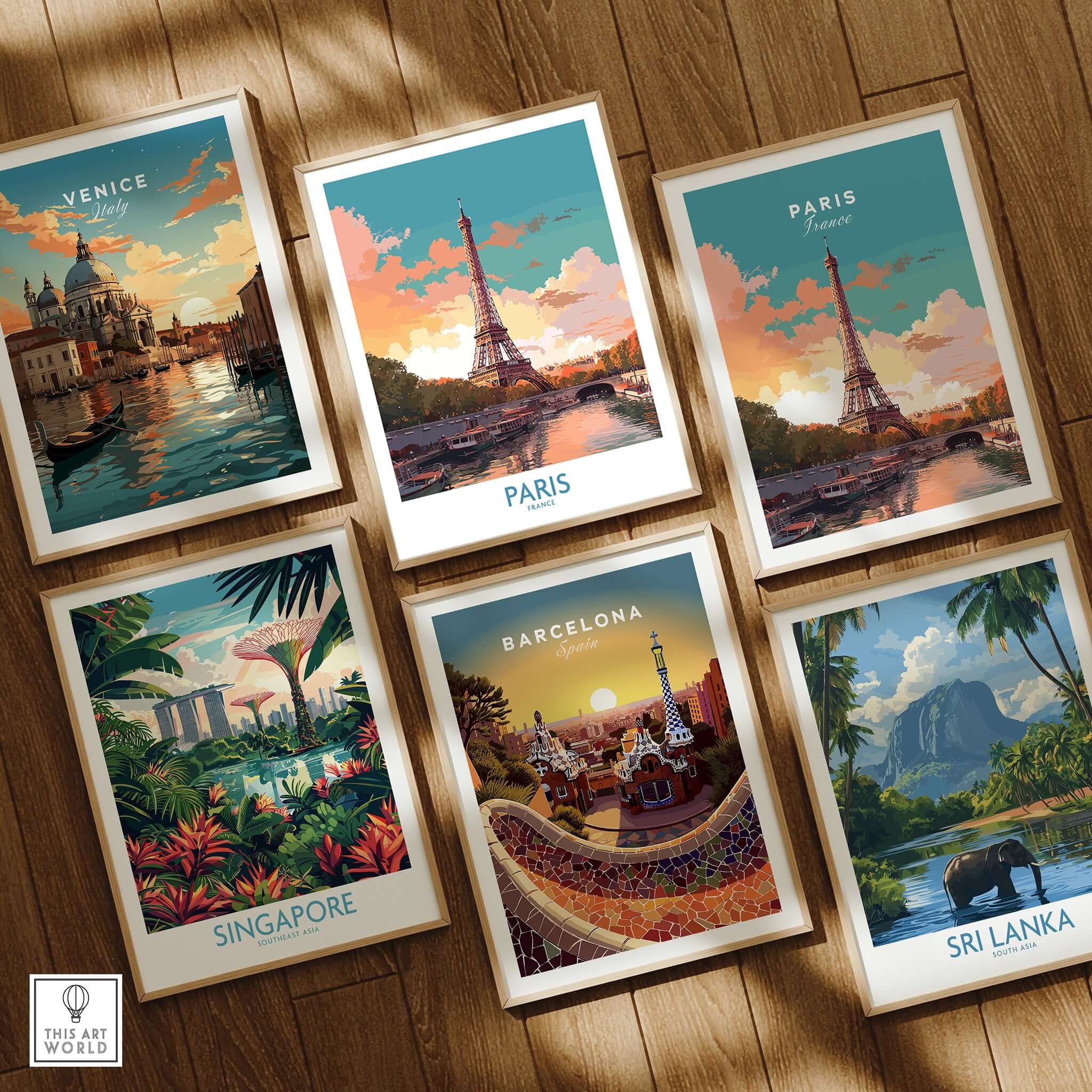Paris Wall Art - Eiffel Tower collection featuring iconic travel destinations including Venice, Barcelona, Singapore, Sri Lanka.
