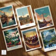 Set of six framed travel art prints featuring Venice, Paris, Singapore, Barcelona, and Sri Lanka.