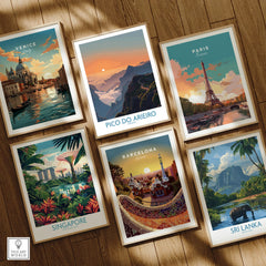 Set of six framed travel posters featuring Venice, Pico do Arieiro, Paris, Singapore, Barcelona, and Sri Lanka on a wooden floor.