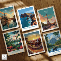 Six framed travel art prints featuring Venice, Paris, Singapore, Barcelona, Sri Lanka, and Madeira on a wooden floor