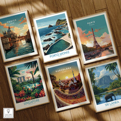 Set of six framed travel posters featuring Venice, Porto Moniz, Paris, Singapore, Barcelona, Sri Lanka on a wooden floor.