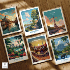 Set of six framed travel poster prints on wooden floor, featuring iconic city and nature scenes from Venice, Richmond, Paris, Singapore, Barcelona, and Sri Lanka.