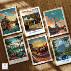 Set of six framed travel posters featuring Venice, Paris, Richmond Hill, Singapore, Barcelona, Sri Lanka, displayed on a wooden floor.