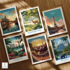 Set of six framed travel posters featuring Venice, Paris, Singapore, Barcelona, Sri Lanka, and Richmond Park on a wooden floor.
