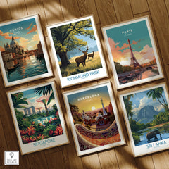 Set of six framed travel art prints featuring Venice, Richmond Park, Paris, Singapore, Barcelona, and Sri Lanka, displayed on a wooden floor.