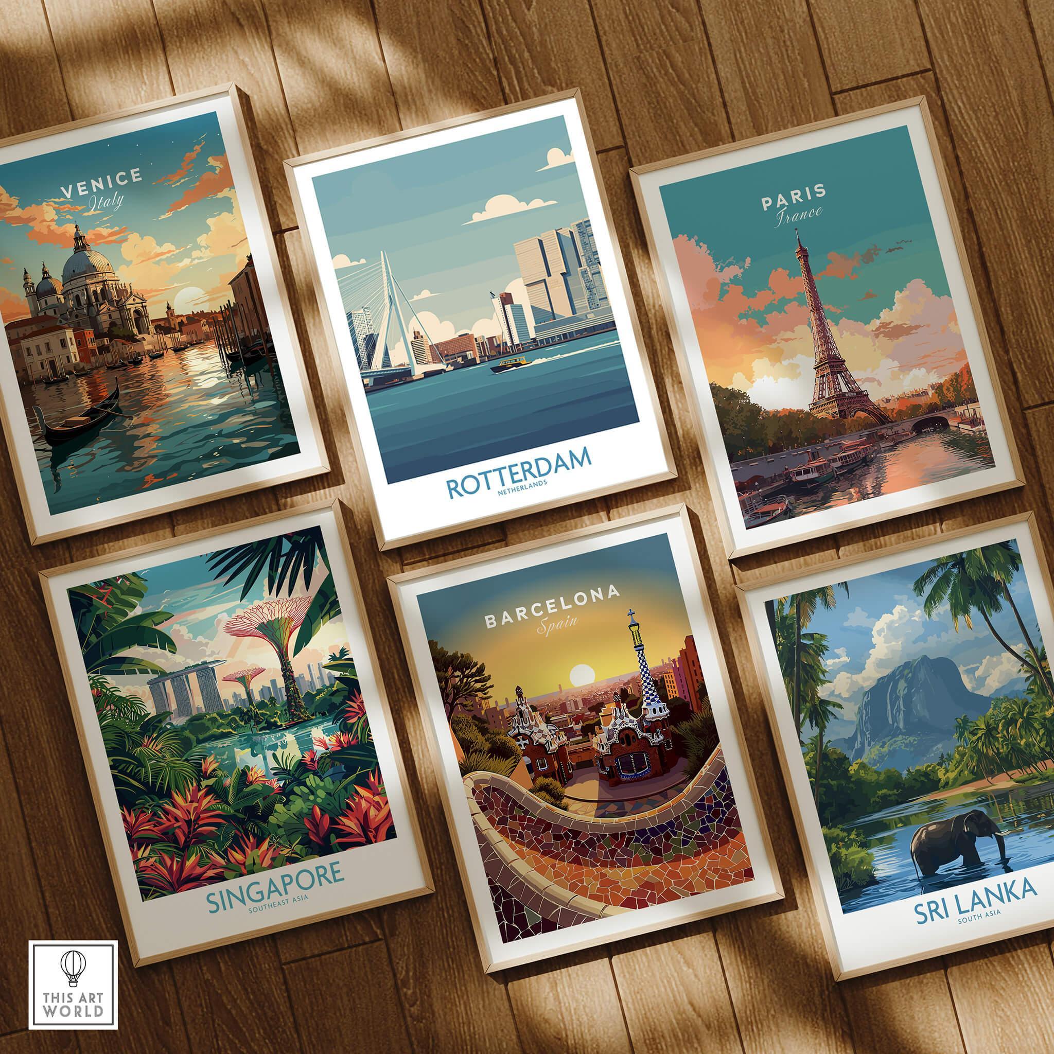 Set of six framed travel posters featuring Venice, Rotterdam, Paris, Singapore, Barcelona, and Sri Lanka on a wooden floor.