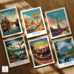 Set of six framed travel posters featuring Venice, Route 66, Paris, Singapore, Barcelona, Sri Lanka on wooden floor