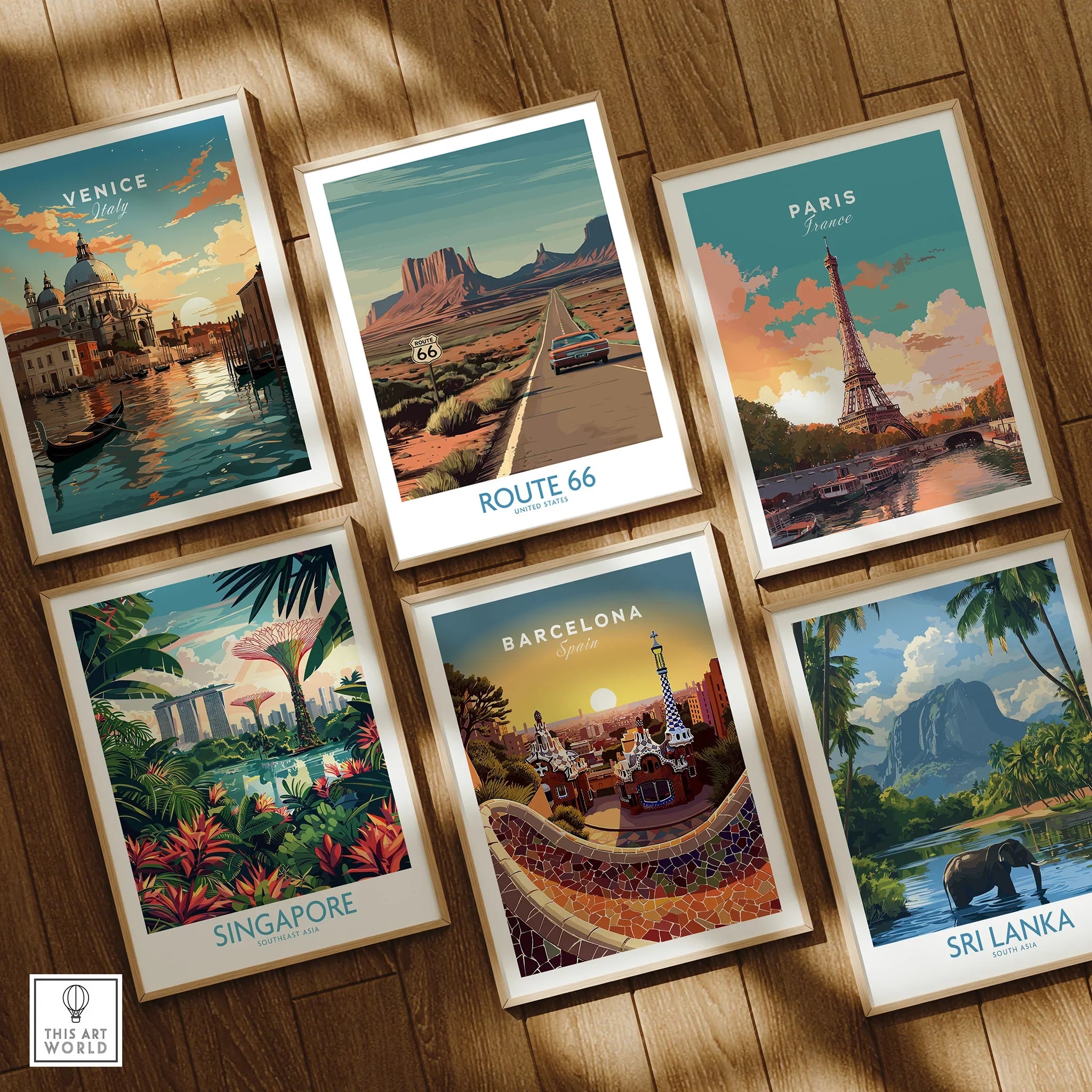 Set of six framed travel art prints for Venice, Route 66, Paris, Singapore, Barcelona, Sri Lanka