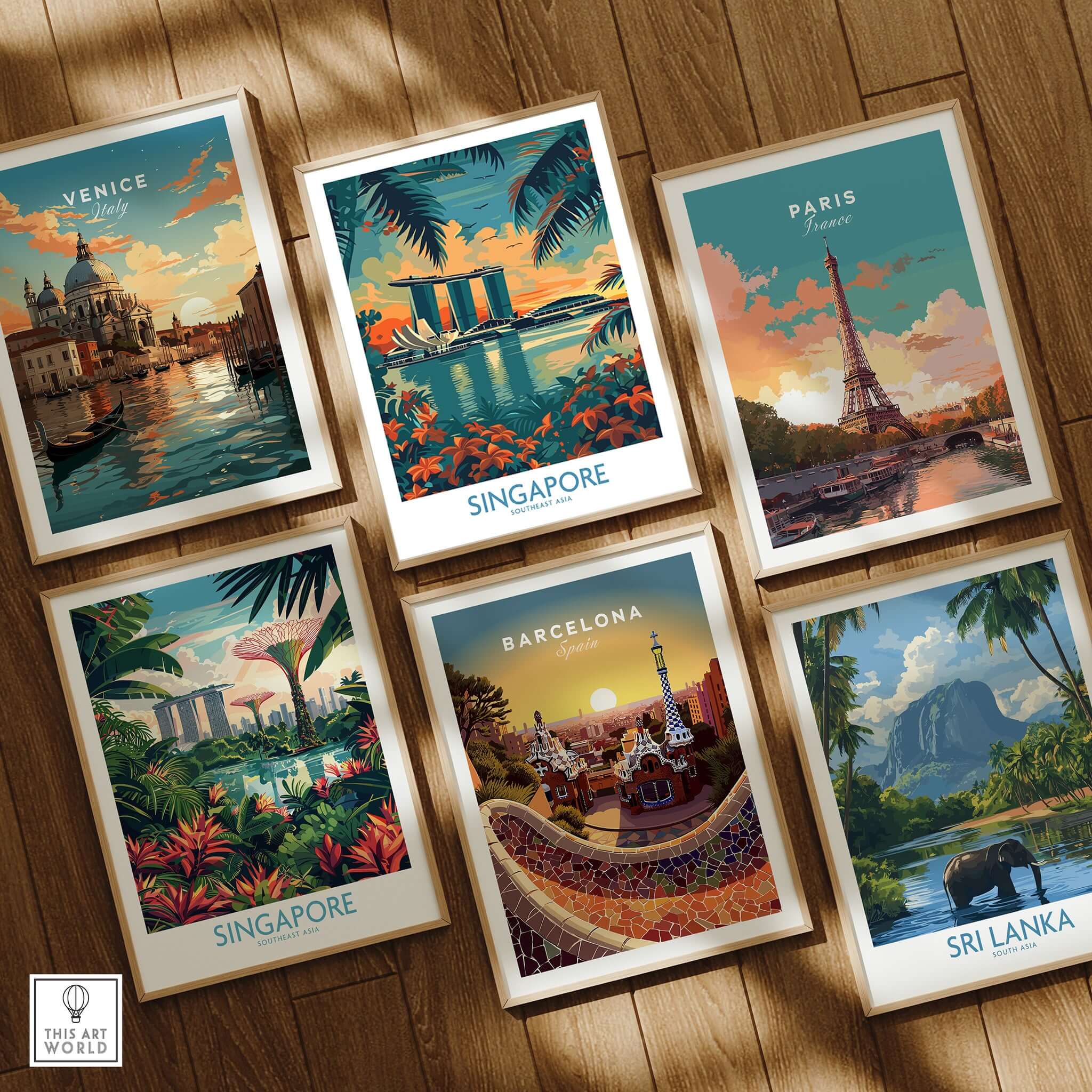 Singapore Travel Poster - Southeast Asia displayed among travel art of Venice, Paris, Barcelona, and Sri Lanka