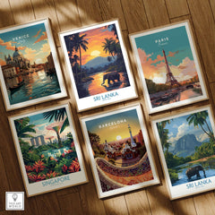 Sri Lanka Poster with Elephant in tropical setting at Sunset - Travel Print displayed among other travel posters.