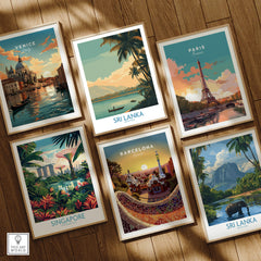 Sri Lanka Canvas Print | Traditional Boat Scene Poster featuring global travel artwork and various destinations.