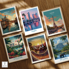 Tampa Florida Canvas Print | Sunset Bay & Sailboat Landscape Poster displayed among vibrant travel artworks.