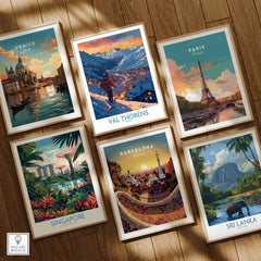 Val Thorens Ski Print among travel posters featuring Venice, Paris, Singapore, Barcelona, and Sri Lanka.