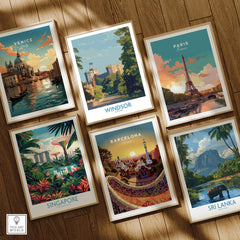 Set of six framed travel posters with city and nature landscapes on wooden floor
