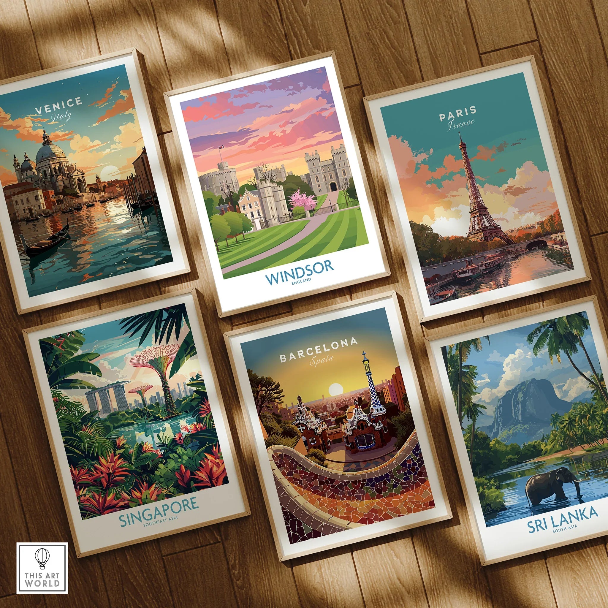 Set of six framed travel posters featuring Venice, Windsor, Paris, Singapore, Barcelona, Sri Lanka.