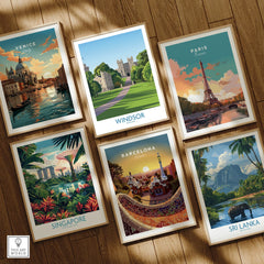 Set of six framed travel posters featuring Venice, Windsor, Paris, Singapore, Barcelona, and Sri Lanka on a wooden floor.