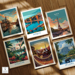 Antalya Turkey Kaleci Port Art Print | Historic Red Tower Poster among travel art prints featuring Venice, Paris, Singapore, and Sri Lanka.